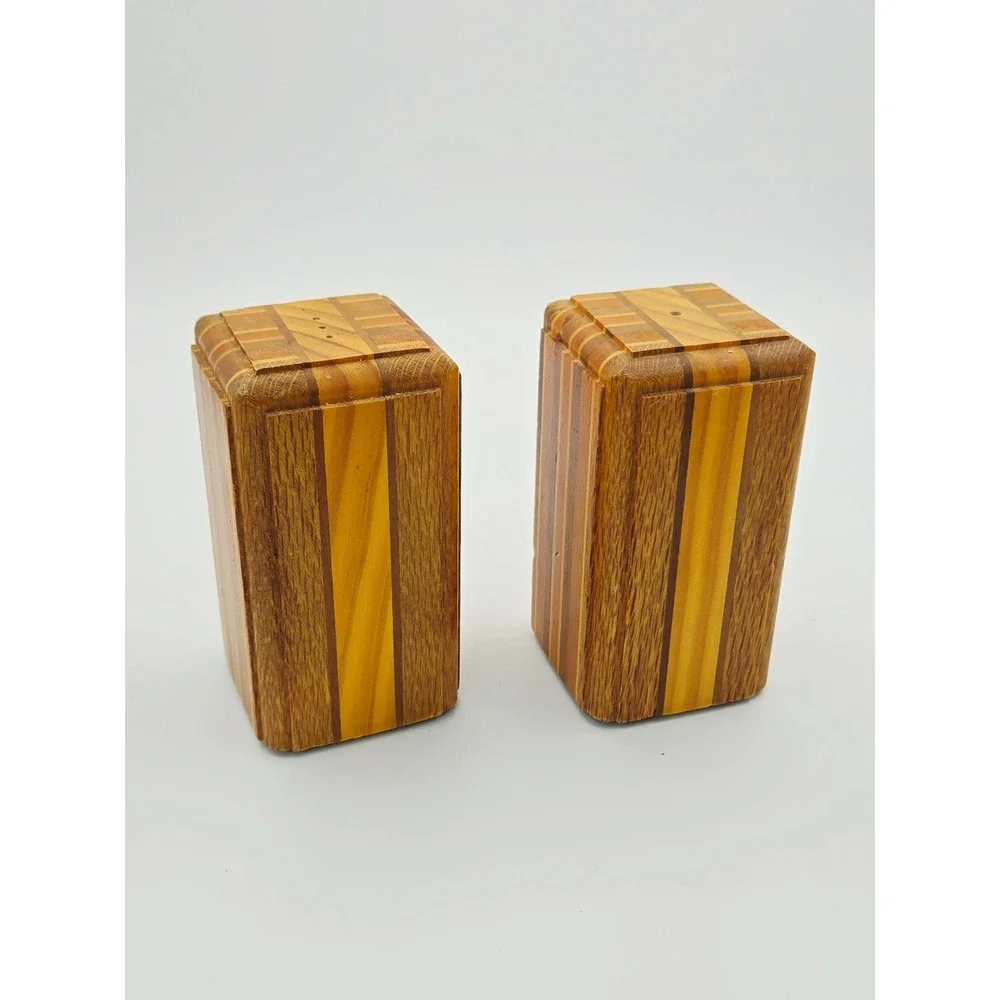 Vintage Inlaid Wood Salt and Pepper Shakers Set Rectangular Geometric Striped